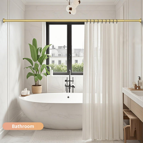 Emlaoe Gold Shower Rod suitable for bathrooms, windows, and outdoor spaces.