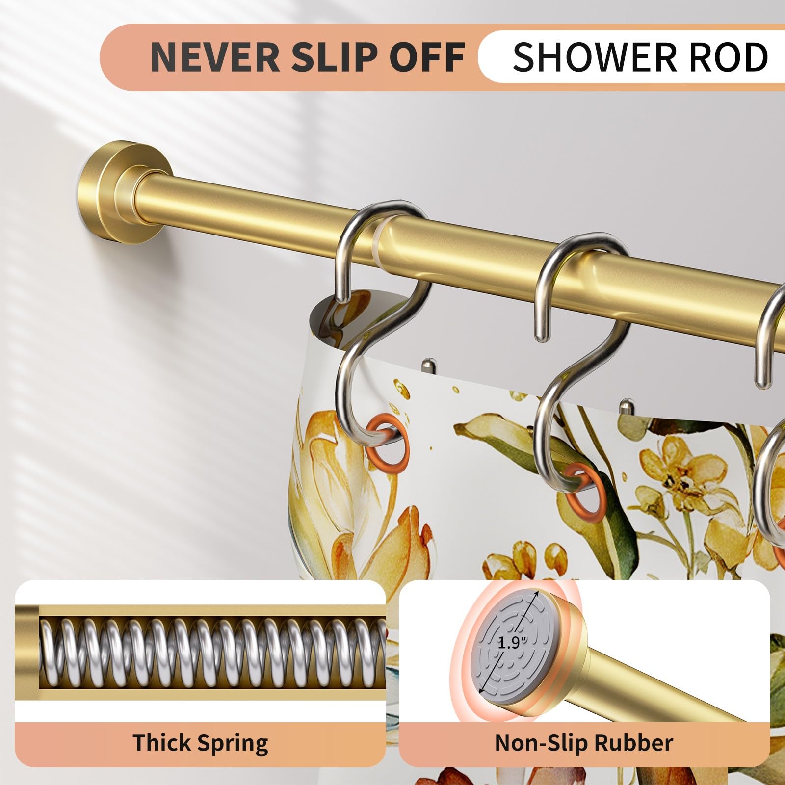 Emlaoe Gold Shower Rod shows telescopic adjustment for precise length.