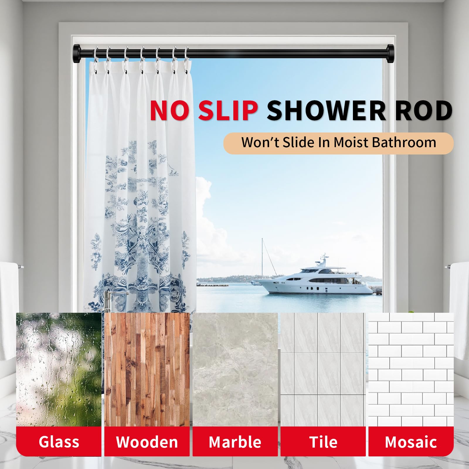 Emlaoe matte-black shower rod design complements modern spaces while adding stability.
