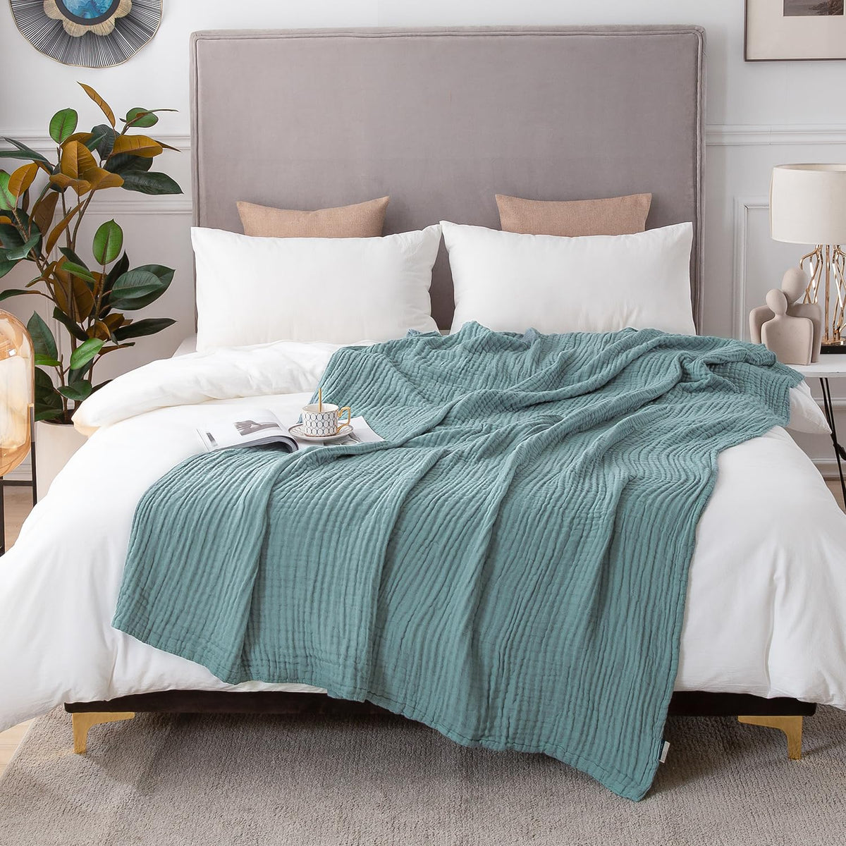 EMME cotton muslin blanket king size teal folded shows soft breathable texture
