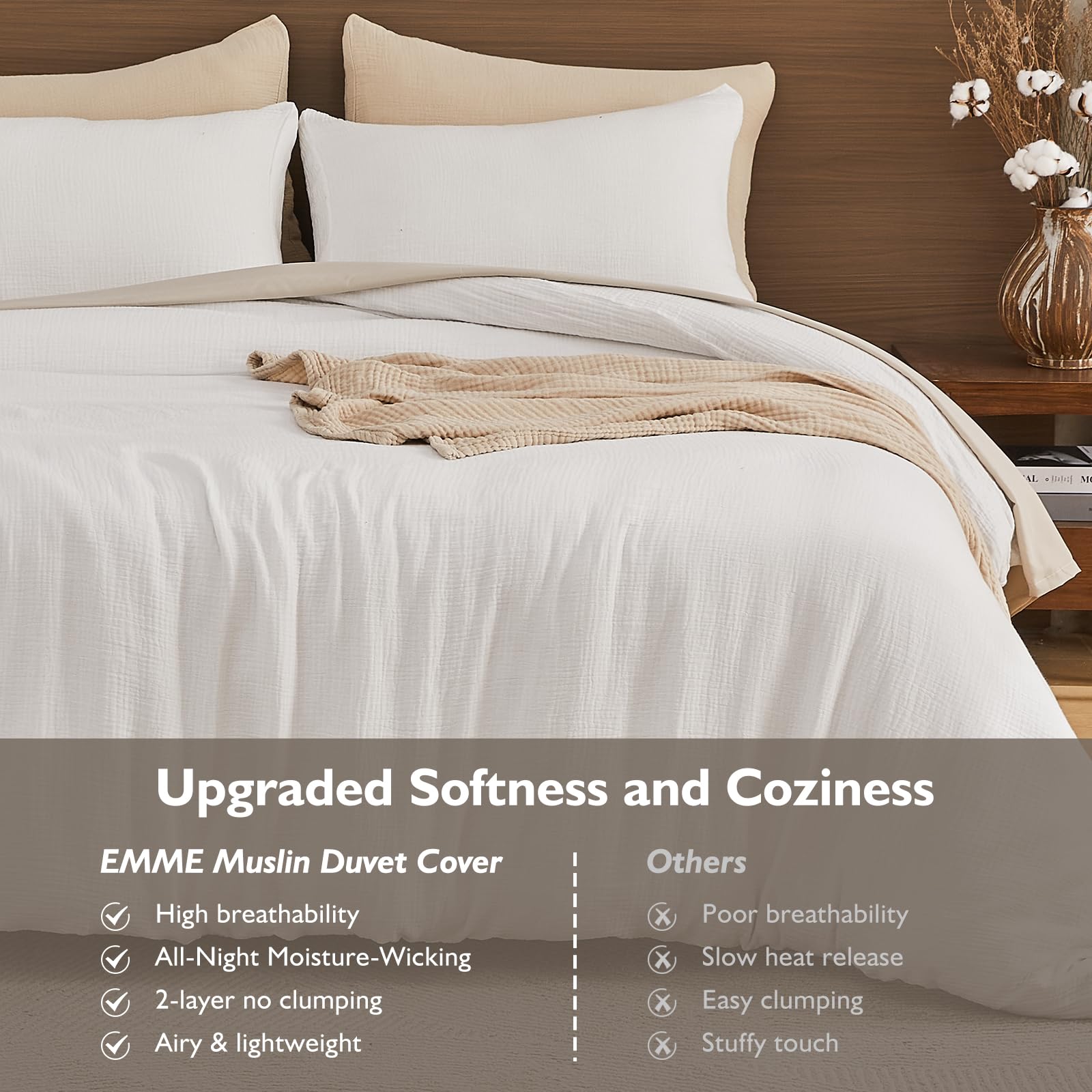 EMME Muslin Duvet Cover Queen Cream reinforced corner ties prevent shifting