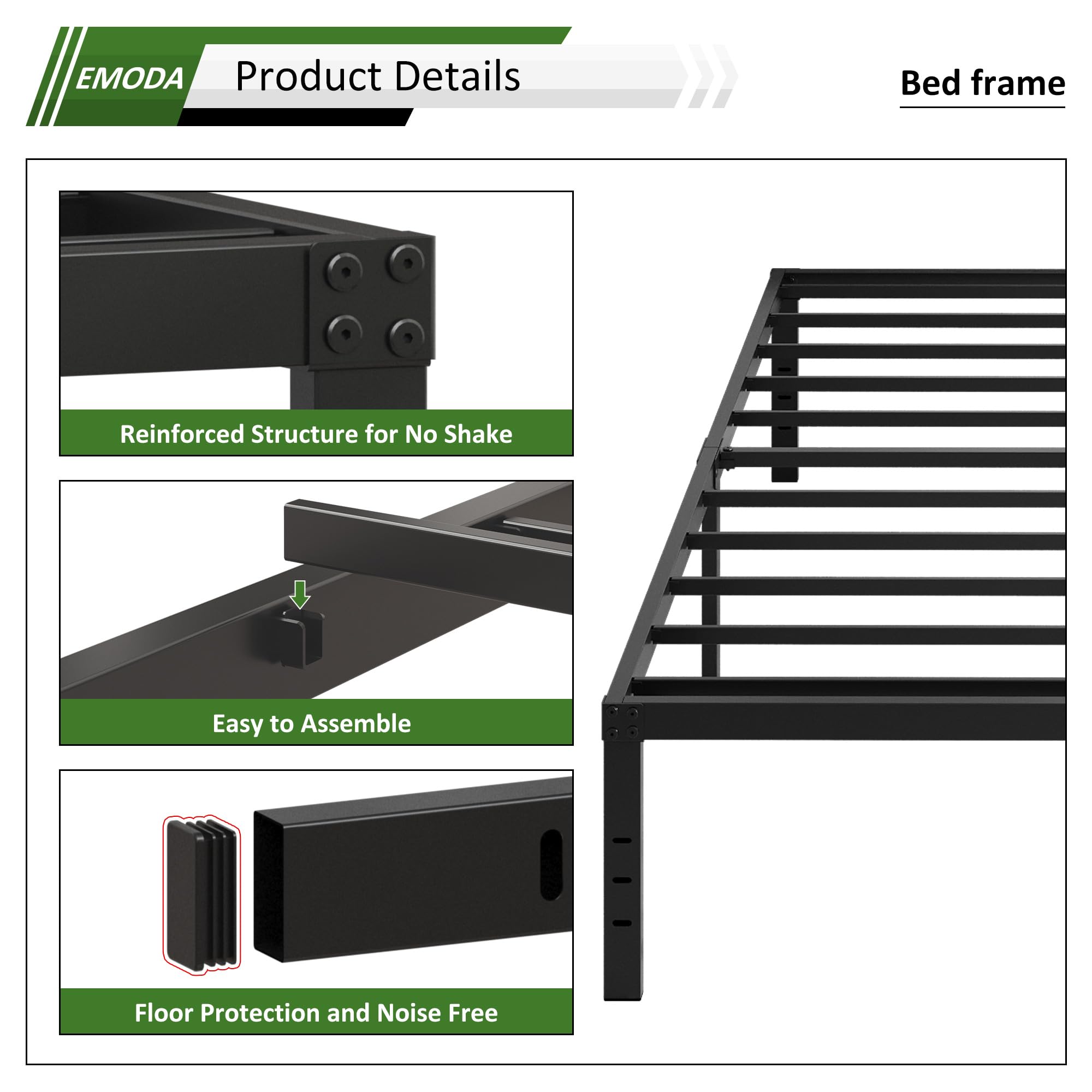 EMODA easy-assembly twin bed frame for quick, tool-included setup.