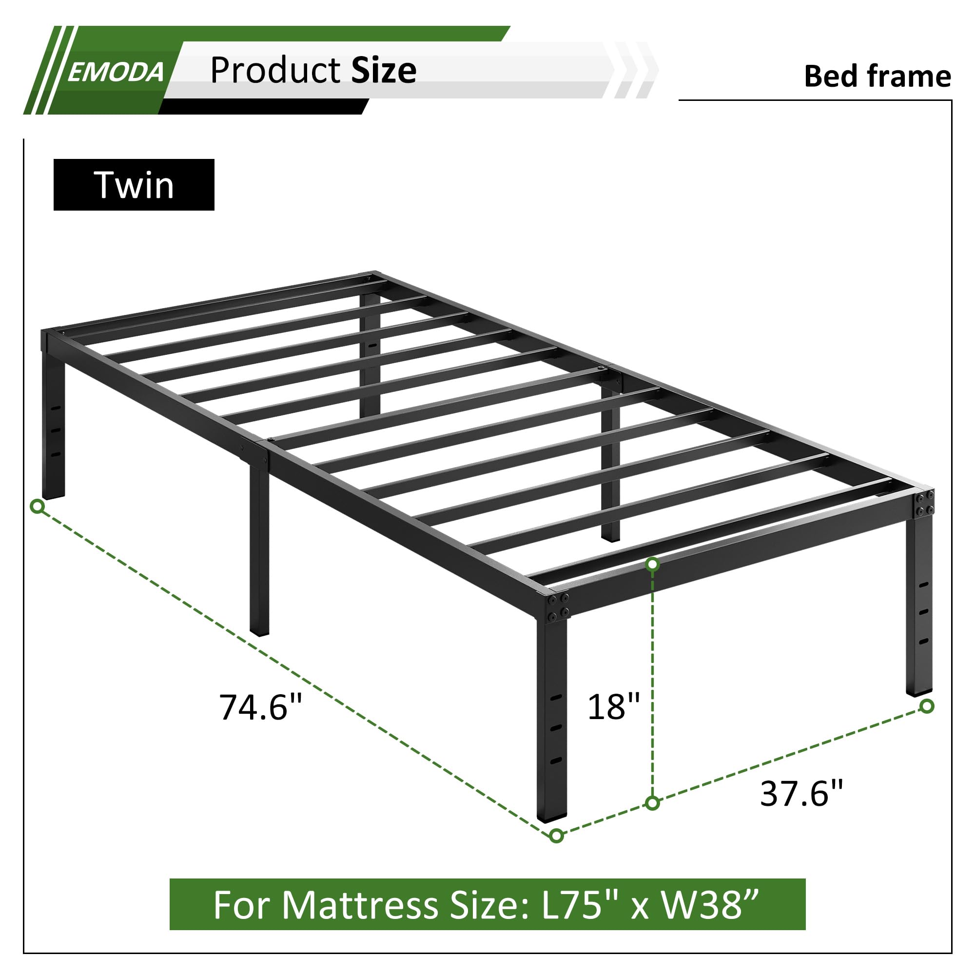 EMODA heavy-duty twin bed frame with under-bed storage keeps rooms tidy.