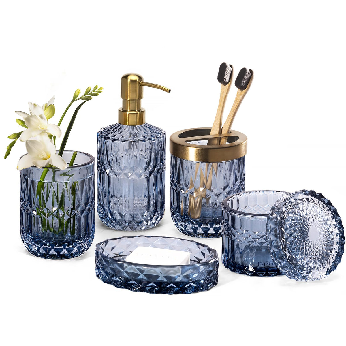 EMPO clear glass dispenser for stylish bathroom organization.