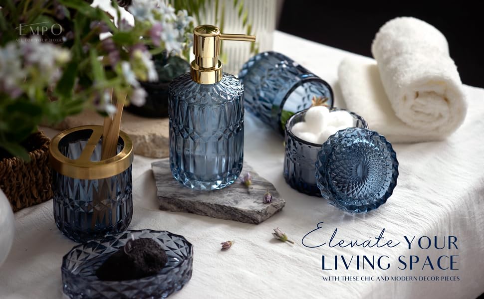 EMPO clear-glass accents brighten daily bathroom routines.
