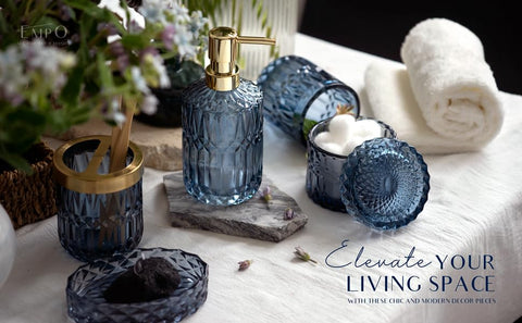 EMPO clear-glass accents brighten daily bathroom routines.