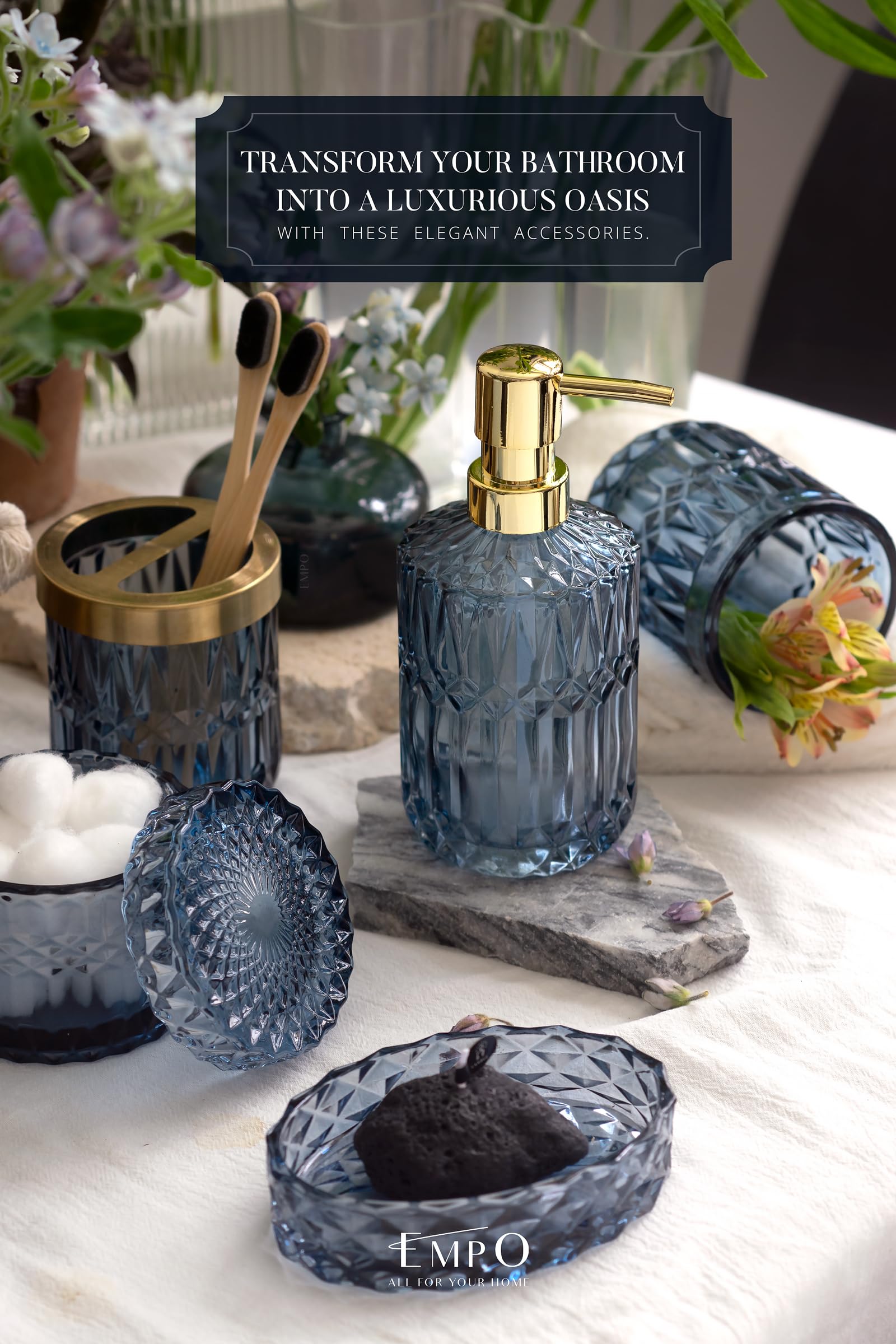 EMPO clear glass toothbrush holder keeps counter tidy.