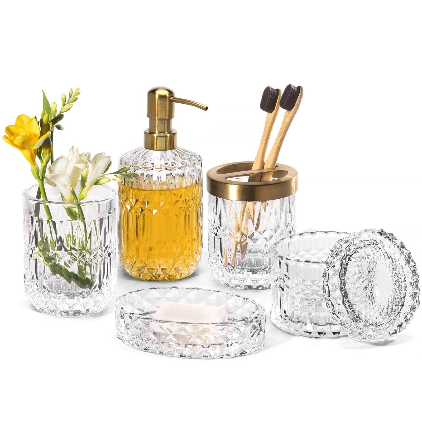 EMPO 6-piece clear glass soap dispenser adds elegant hand soap storage