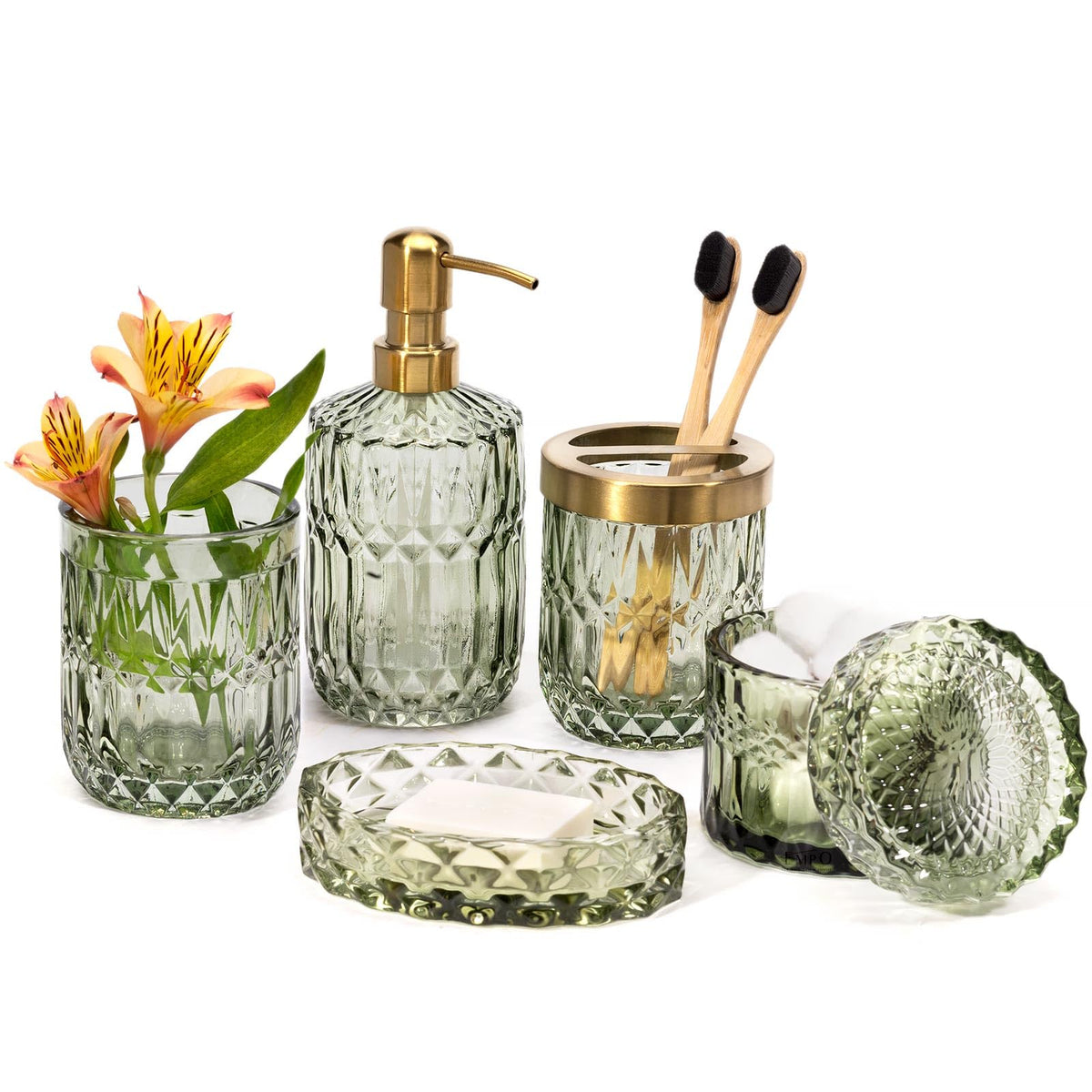 EMPO lotion dispenser in sage green glass adds spa-like calm to your bathroom
