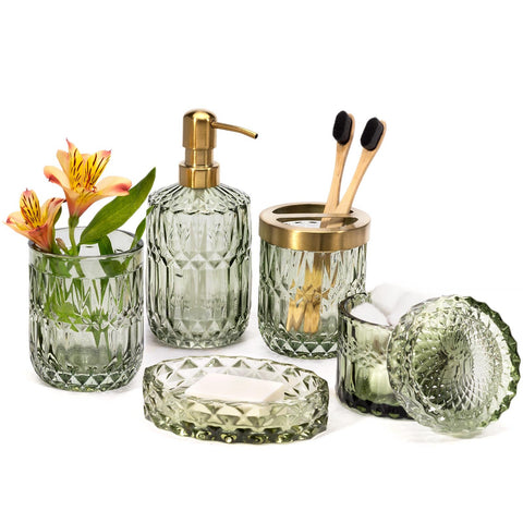 EMPO lotion dispenser in sage green glass adds spa-like calm to your bathroom