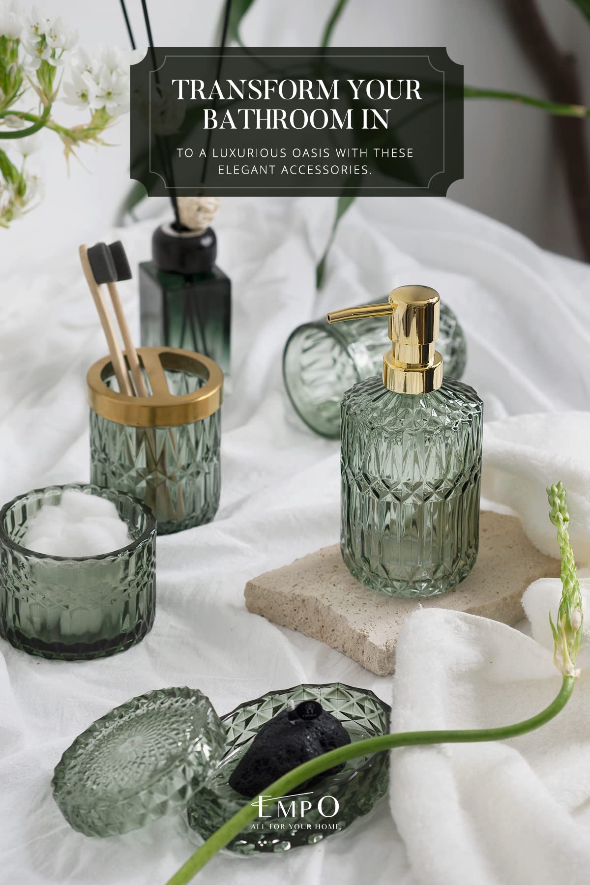 EMPO soap dish in green crystal elevates countertops with elegance