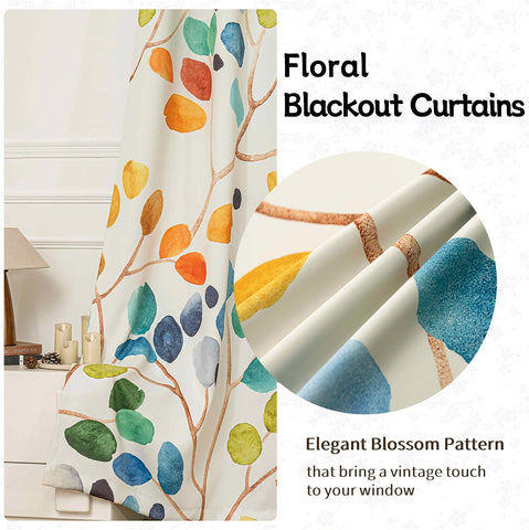 Bedroom setup with Emwnodti Boho watercolor leaf curtains and two-panel configuration.