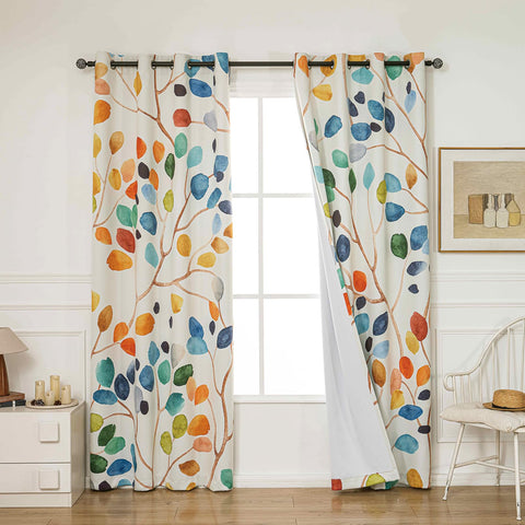 Close-up of Emwnodti Boho watercolor leaf floral print drapes showing vibrant pattern.