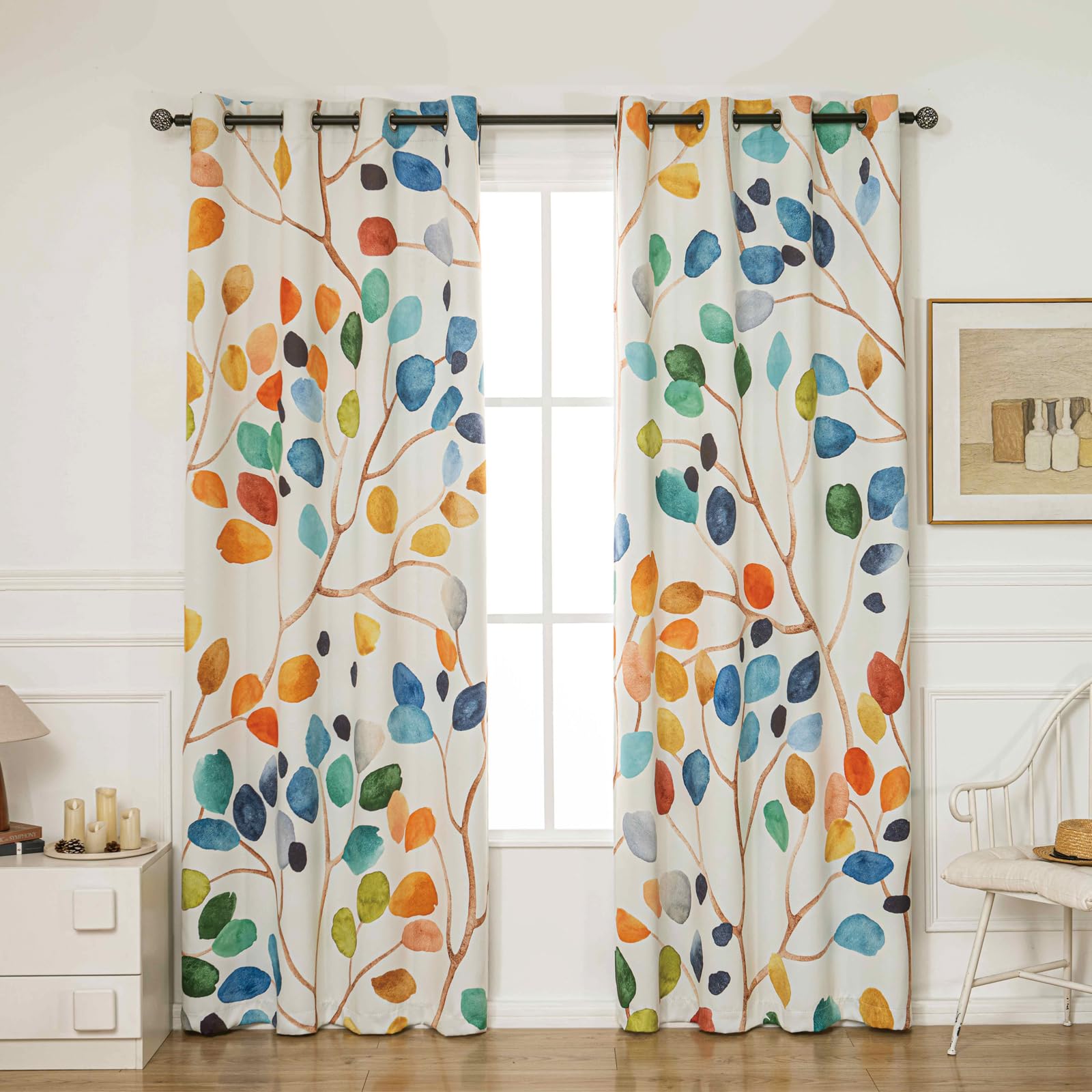 Emwnodti Boho watercolor leaf curtains diffuse light for a calming room view.