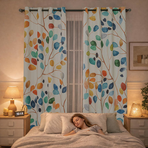 Window setup showing Emwnodti Boho watercolor leaf curtains with easy hanging grommets.