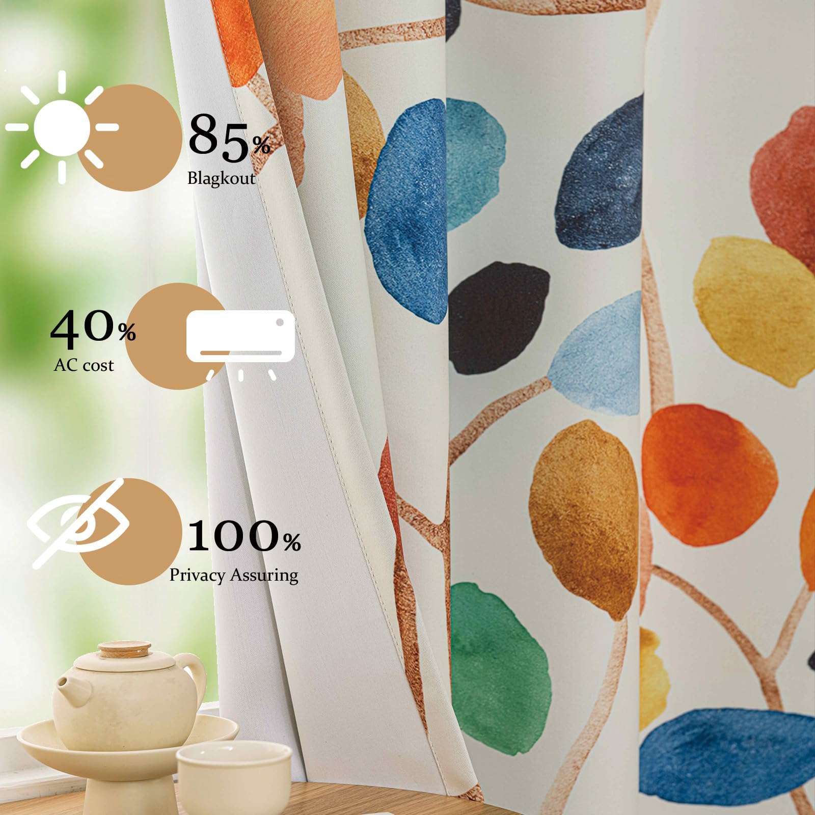 Emwnodti Boho watercolor leaf curtains close-up print detail for rich décor.