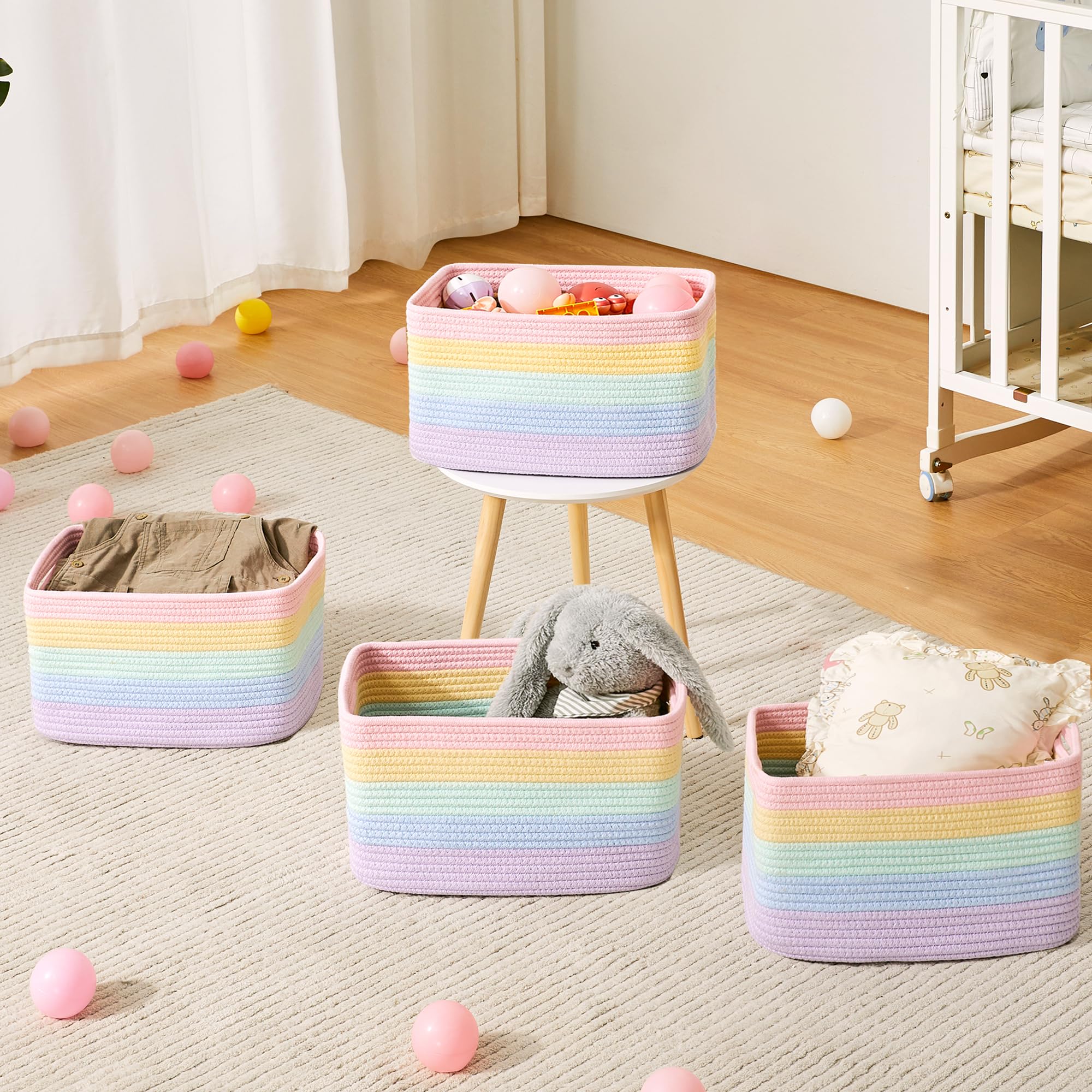 ENAORGAN rainbow decor basket adds charm while holding toys or towels.