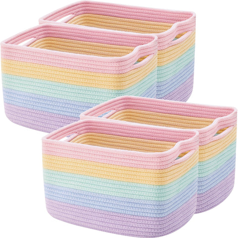 ENAORGAN rainbow rope basket 4-pack on a shelf keeps toys organized and vivid.