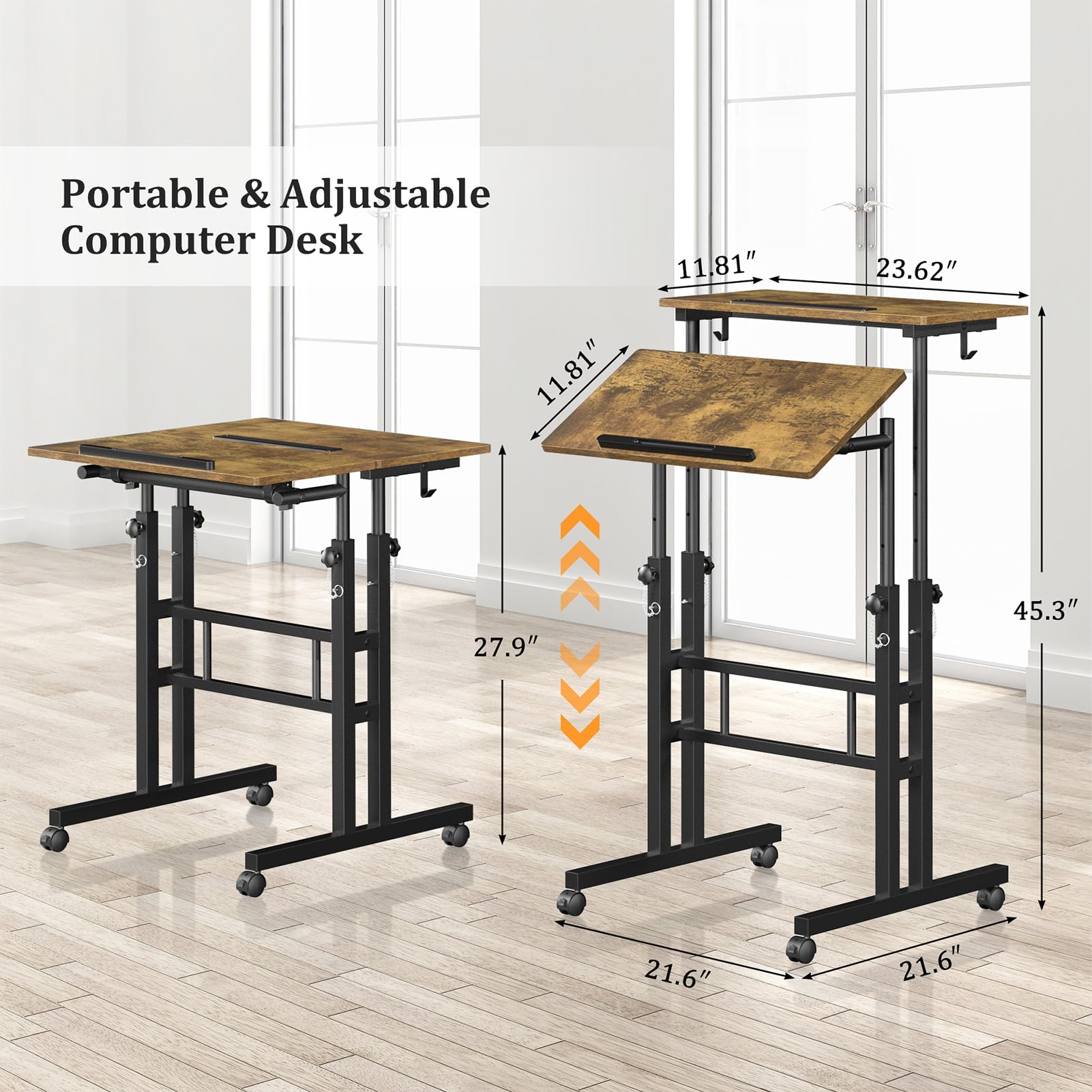 Enayplon locking casters keep the desk secure when positioned.