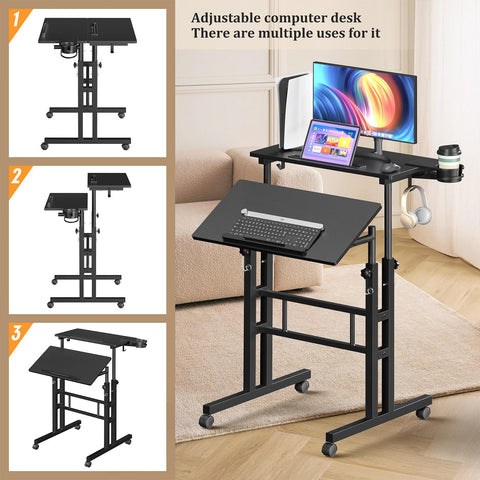 Desk with four lockable casters allows secure placement or smooth repositioning.