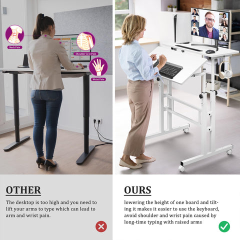 Enayplon mobile stand up desk enables sitting or standing during work.