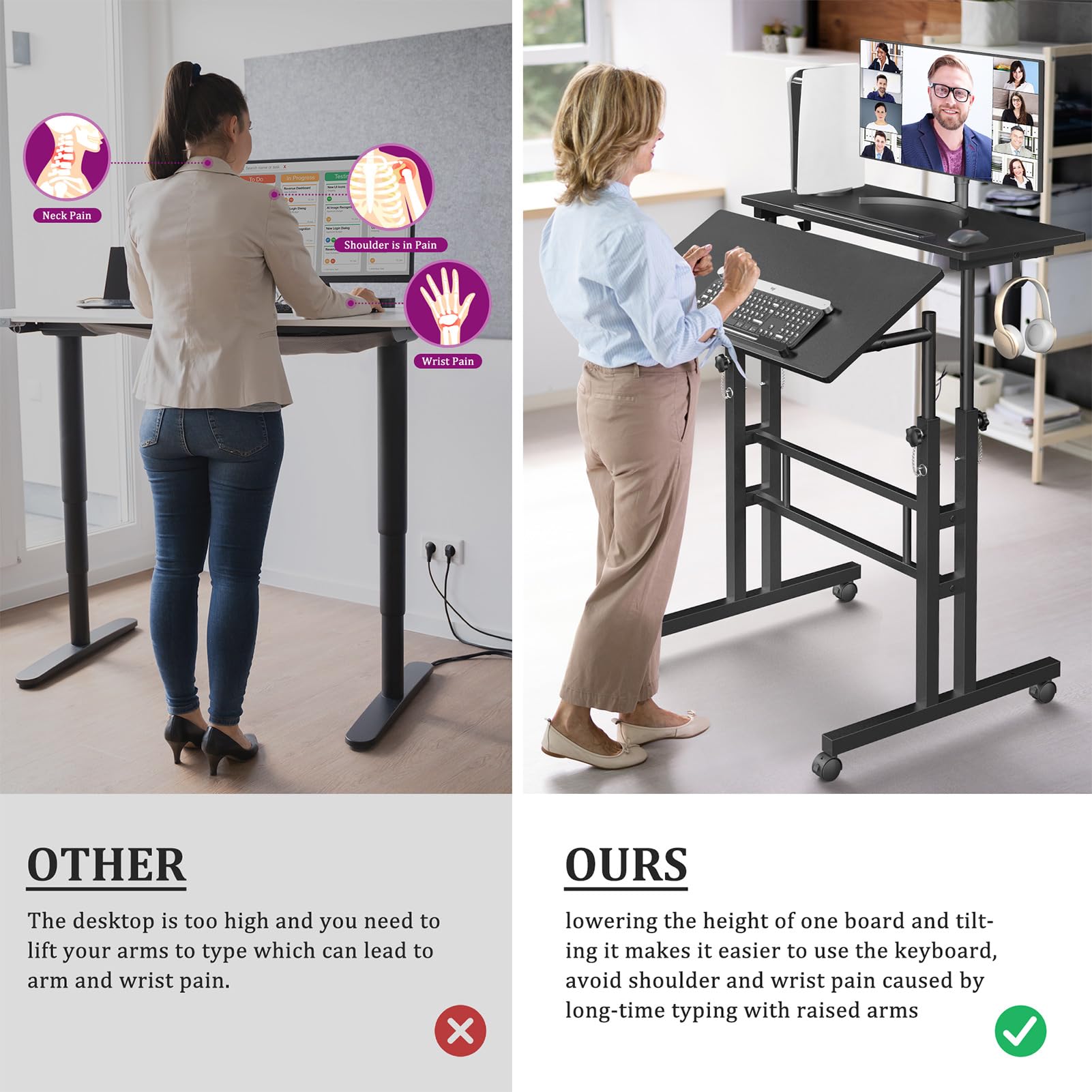Portable standing desk with adjustable height supports sit-stand work sessions.