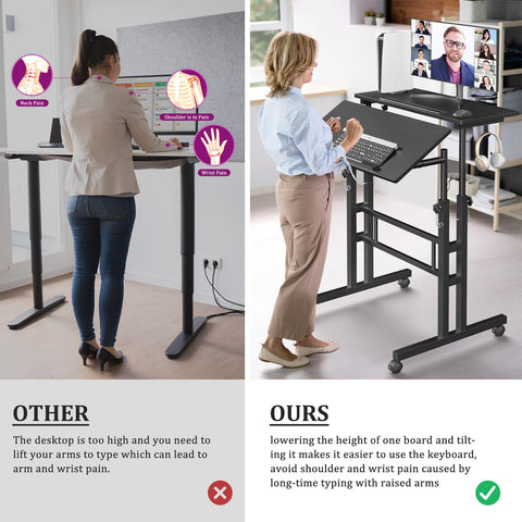 Portable standing desk with adjustable height supports sit-stand work sessions.