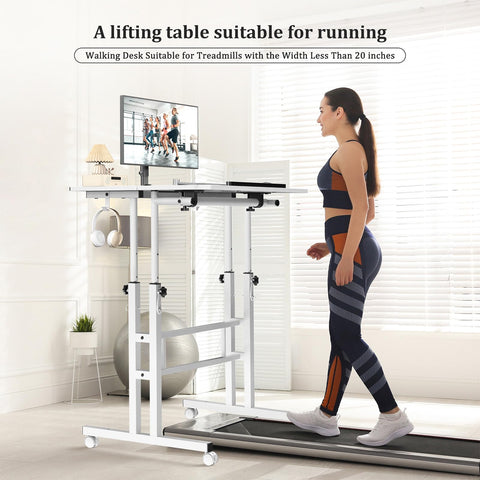 Enayplon portable standing desk with wheels fits tight spaces.
