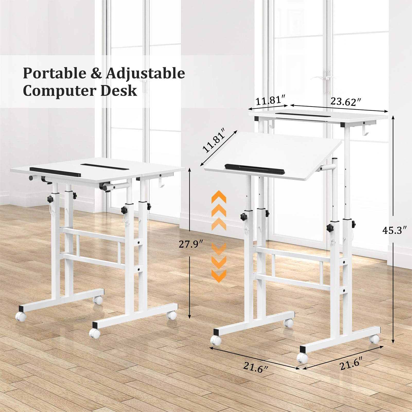 Enayplon rolling computer desk supports laptop use while moving.