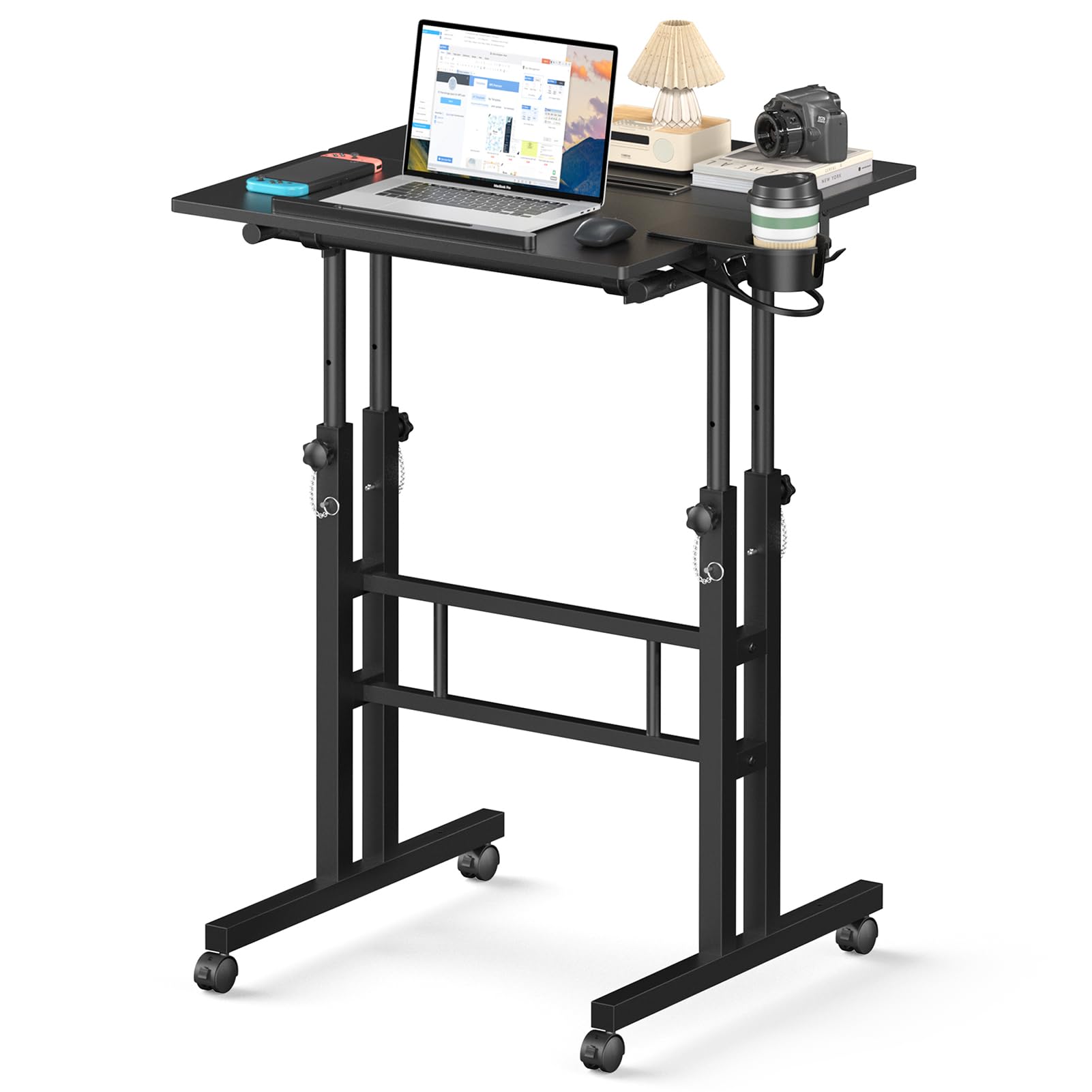 Enayplon small standing desk with wheels and cup holder for easy movement.