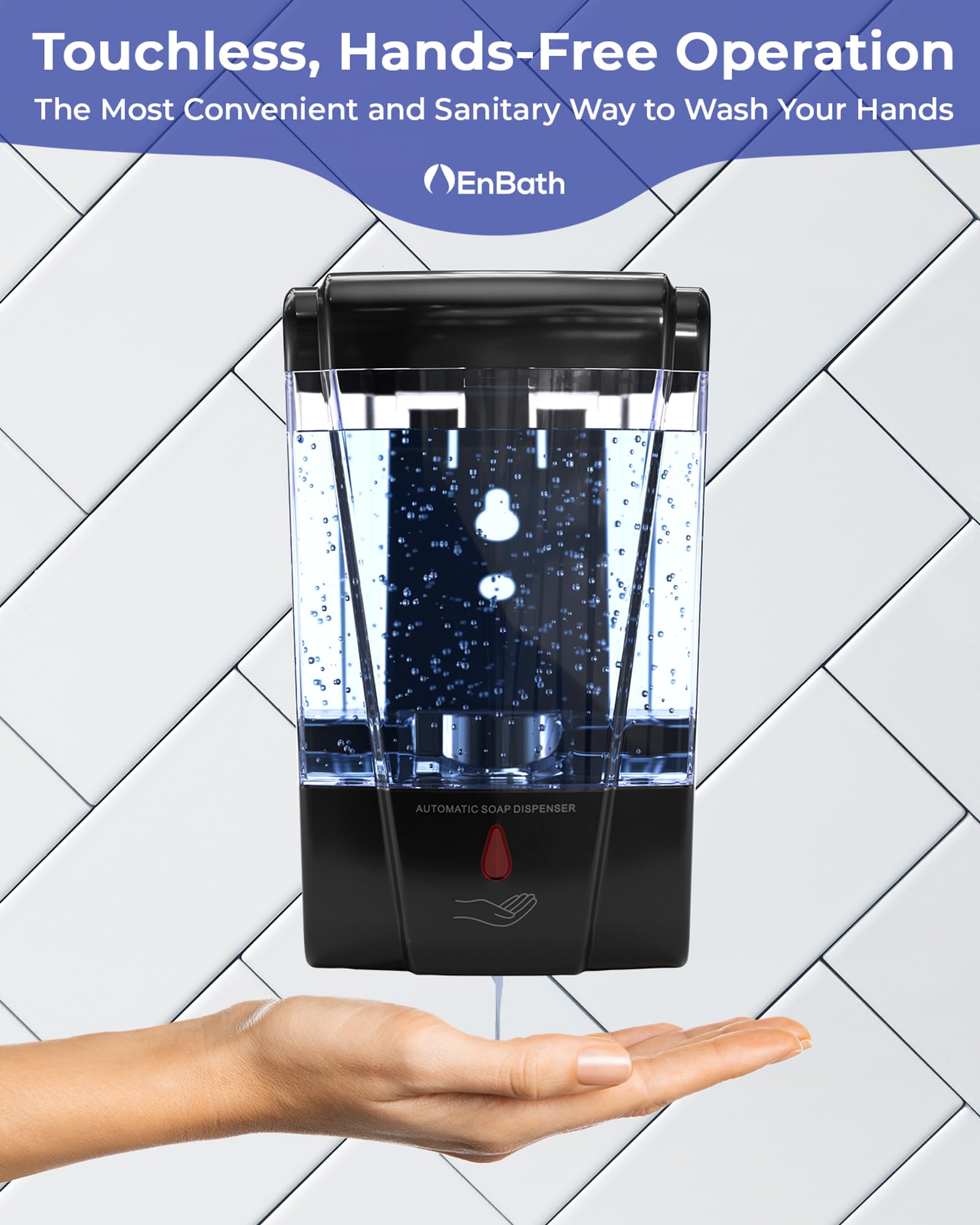 Clear reservoir window on EnBath dispenser enables easy soap level checks.