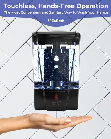 Clear reservoir window on EnBath dispenser enables easy soap level checks.
