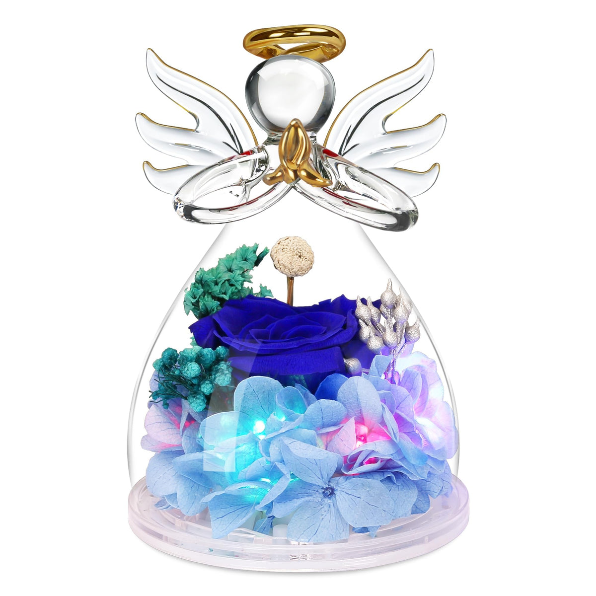 Encavy blue rose in a glass angel figurine, a timeless keepsake gift.