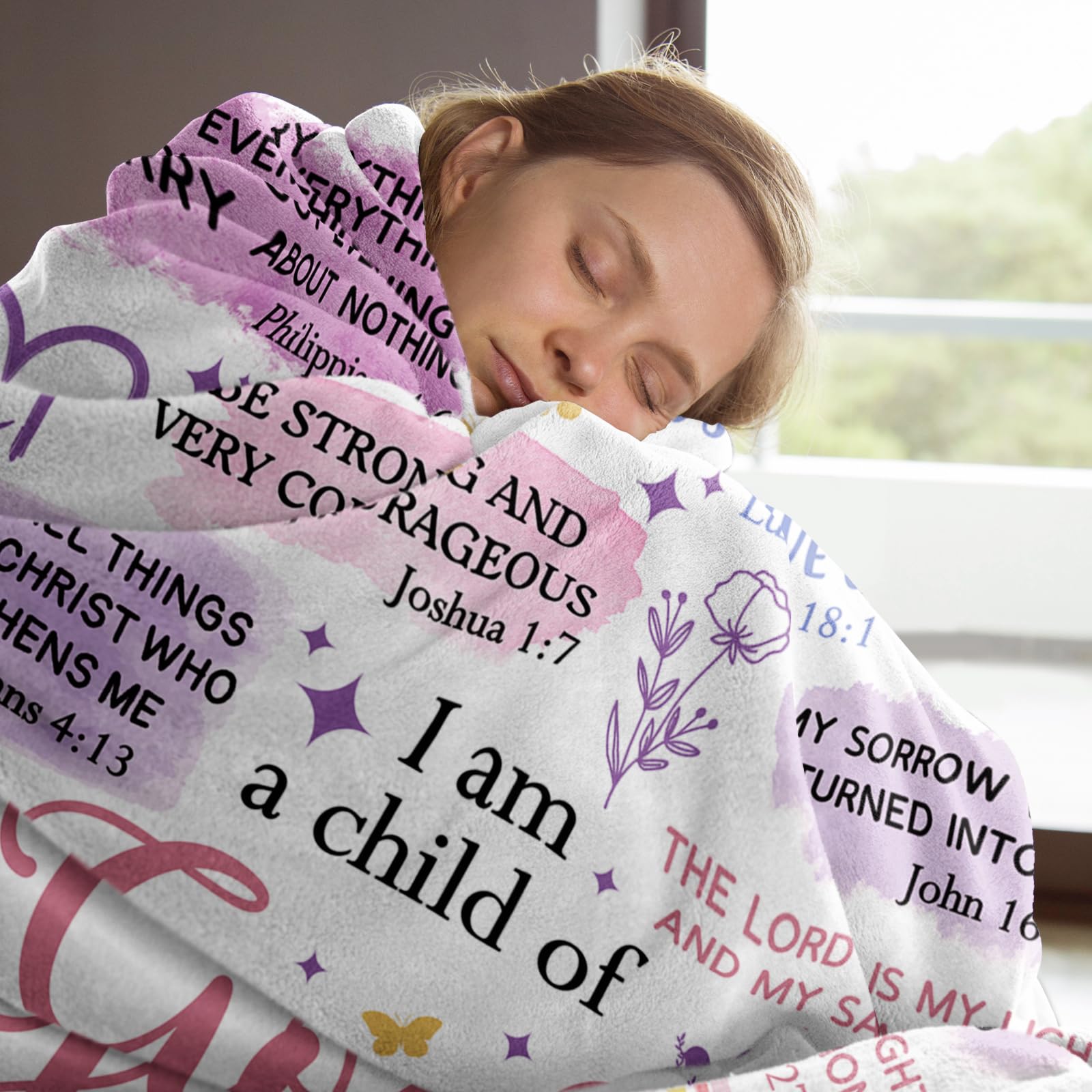 Encoink closeup shows Bible verses woven into the blanket for spiritual encouragement.
