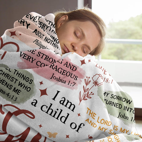 Encoink I Am a Child of God blanket shows scripture for spiritual encouragement.