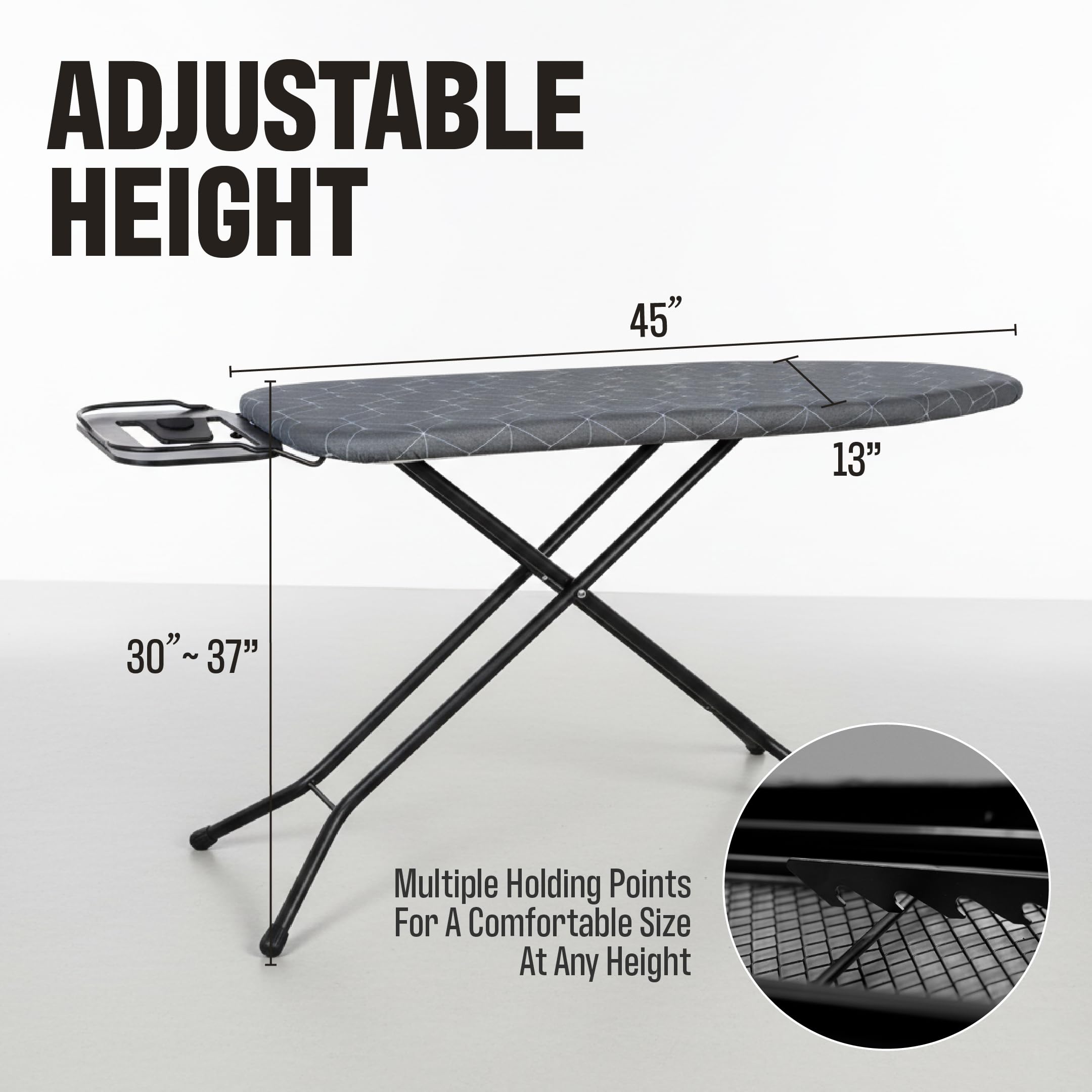 Energi Core ironing board steel mesh top enhances steam penetration