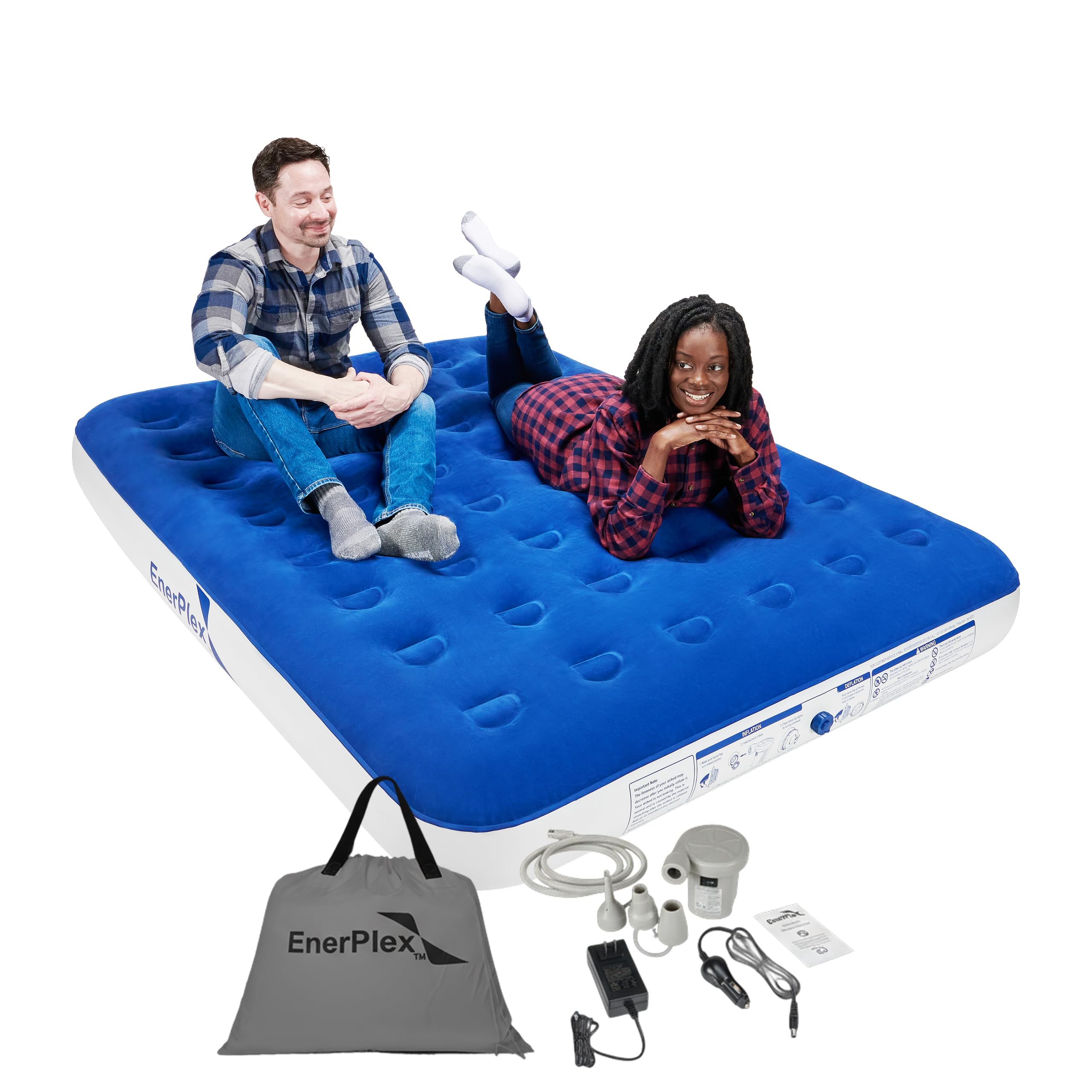 EnerPlex camping air mattress with built-in pump for quick setup.