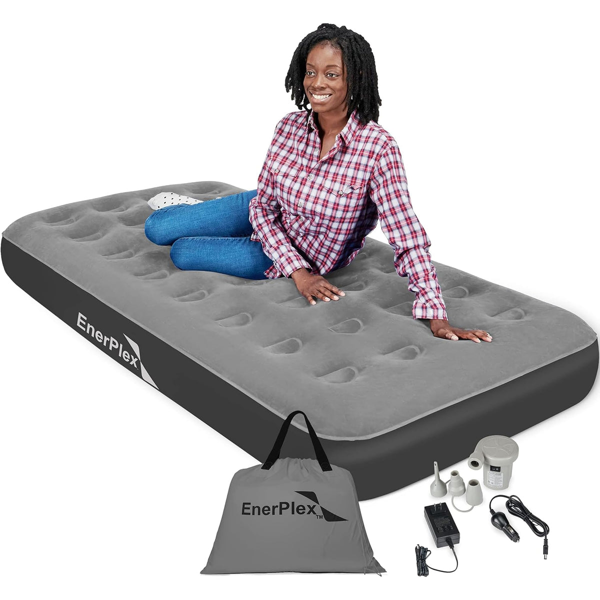 EnerPlex camping air mattress with built-in pump for quick setup