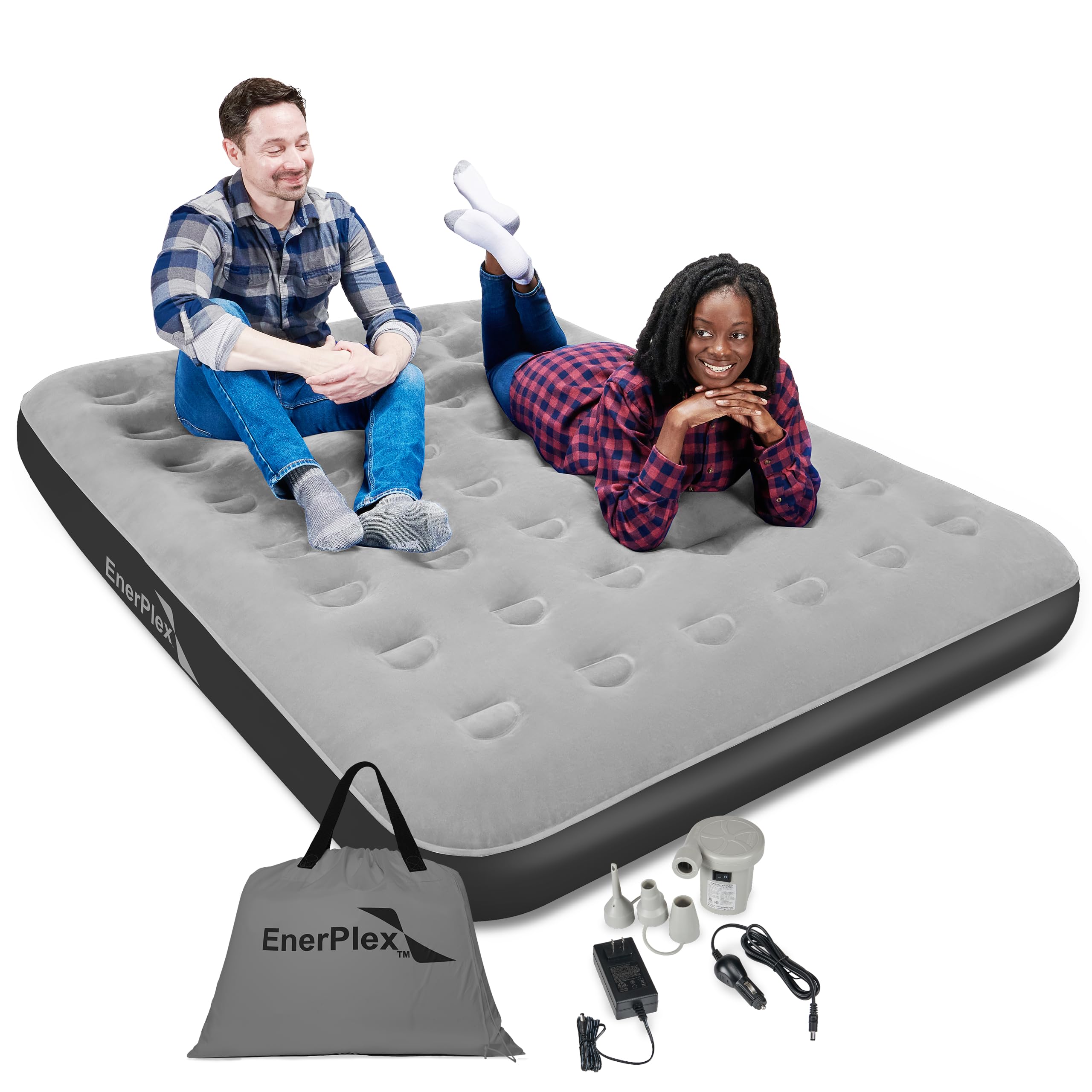 EnerPlex camping air mattress with built-in pump, queen size, quick setup for outdoor trips.