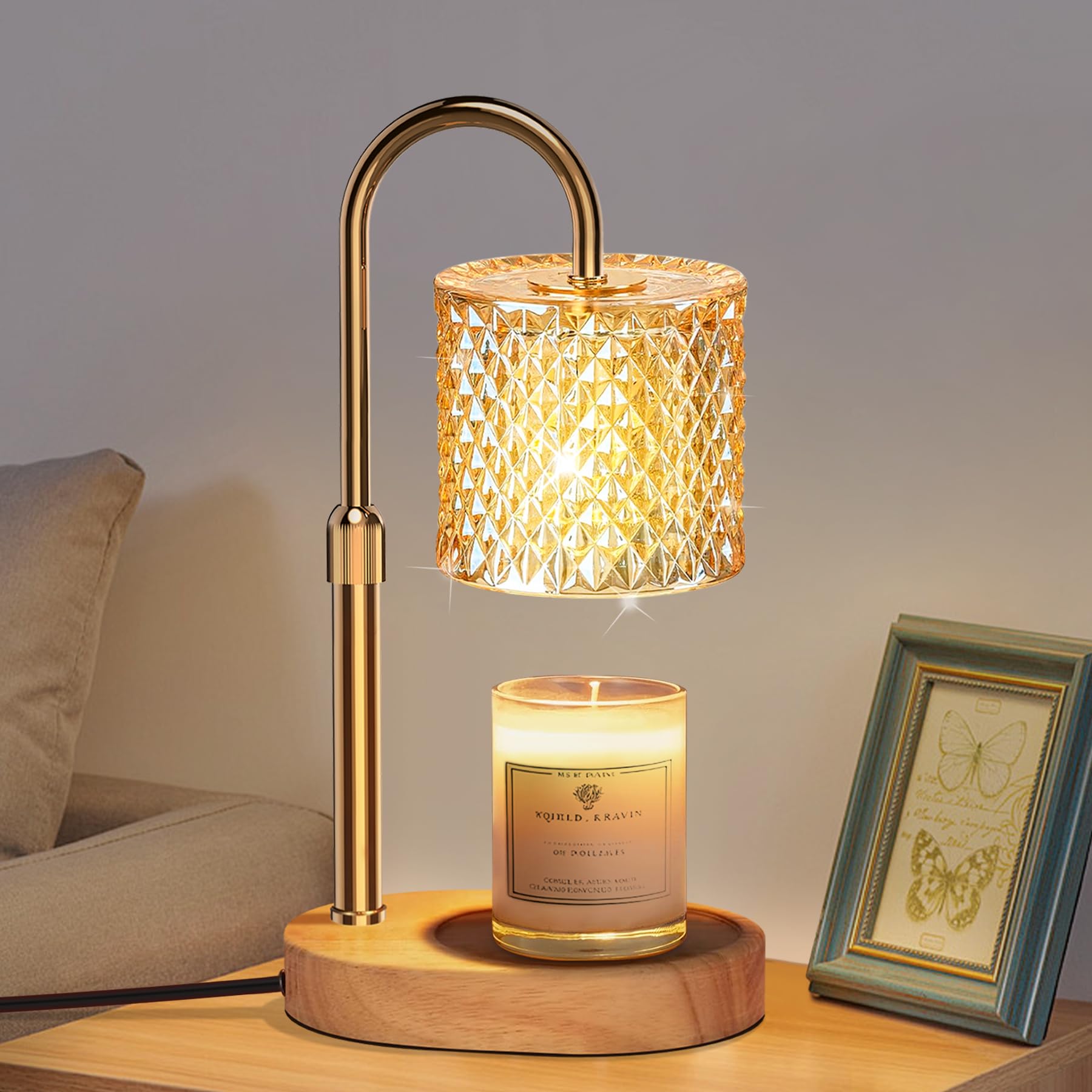 Engpure candle warmer lamp with dimmer control over a wooden base for flame-free ambiance.