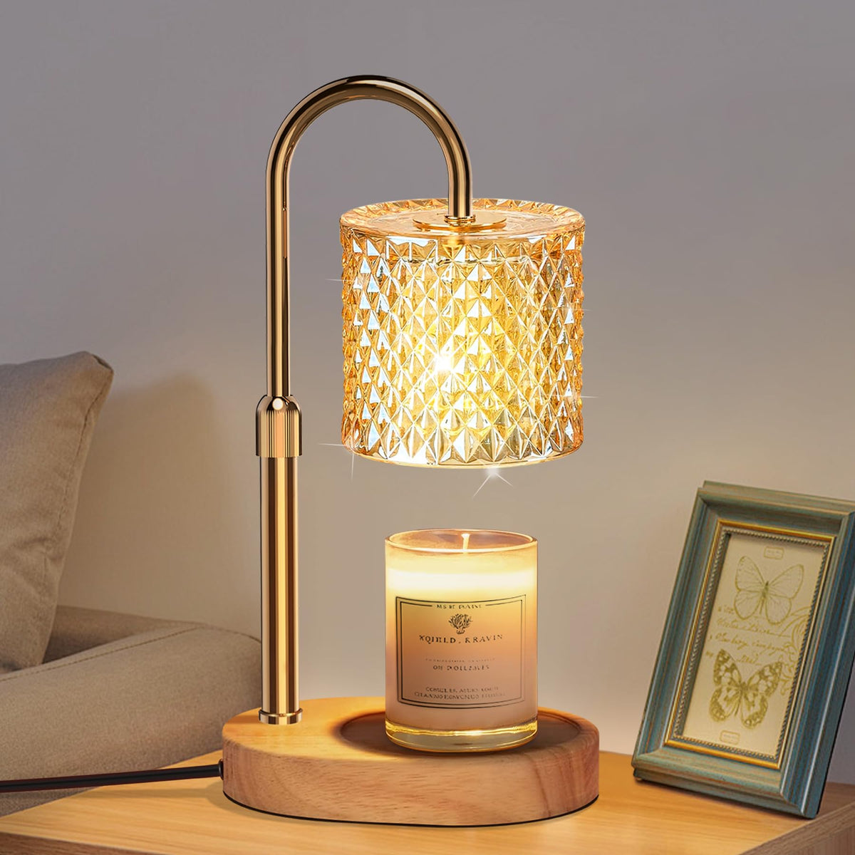 Engpure candle warmer lamp with dimmer control over a wooden base for flame-free ambiance.