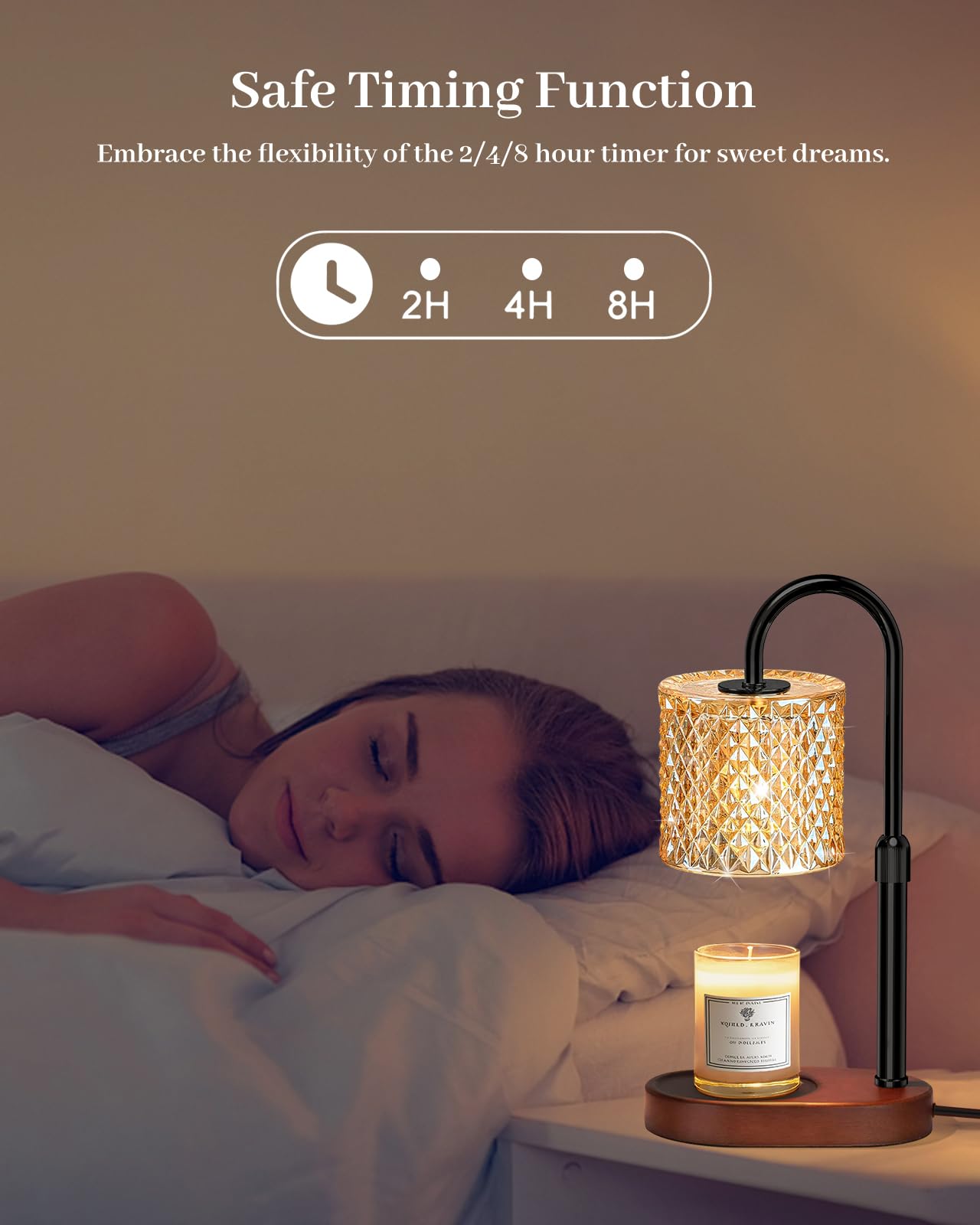 Engpure candle warmer lamp showing timer options for auto shut-off