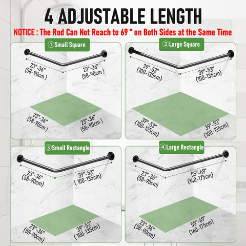 Enicvegw l shaped rod adjustable sizes shows four corner configurations for versatile spaces