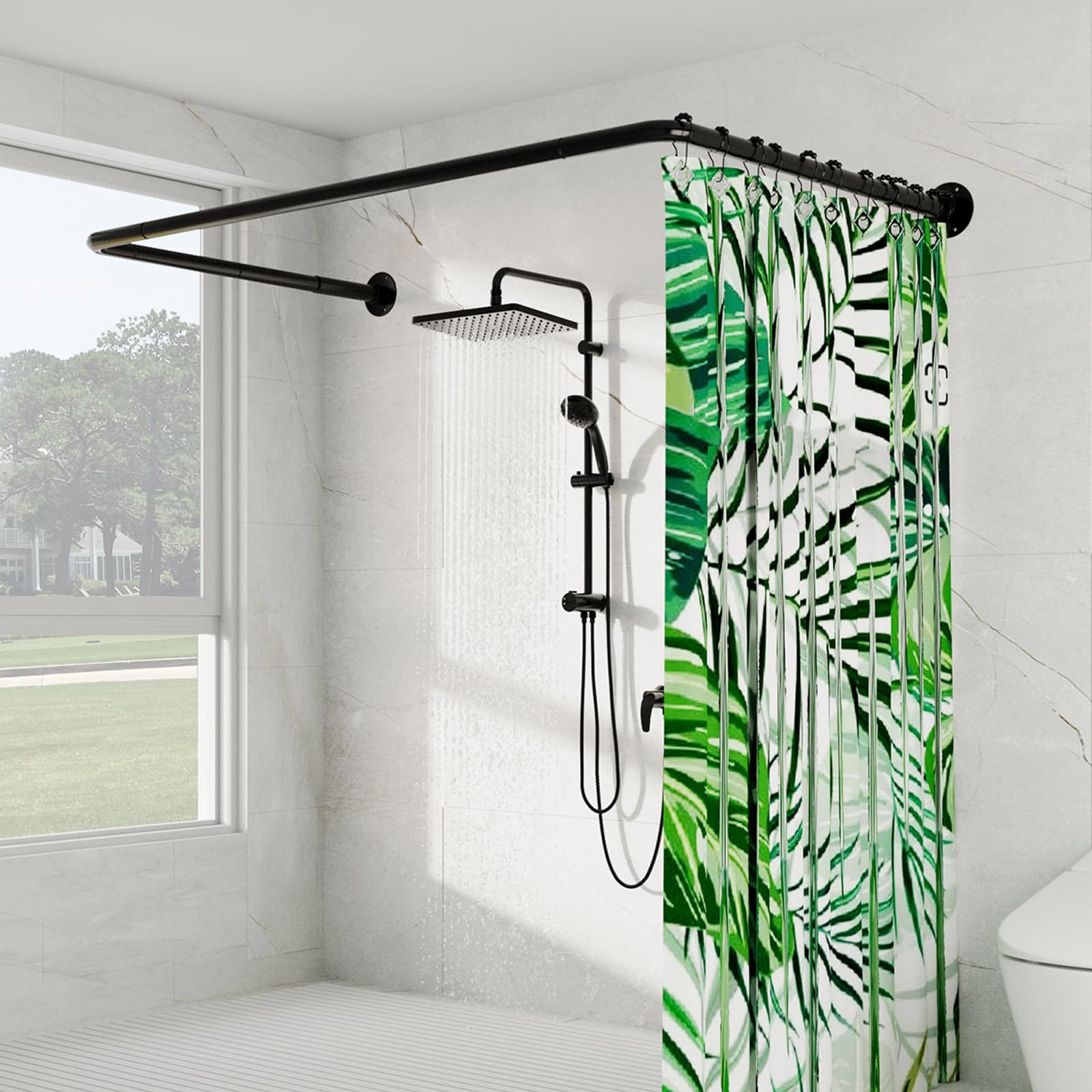 Enicvegw U-shaped shower rod installation showing corner fit with ceiling support.