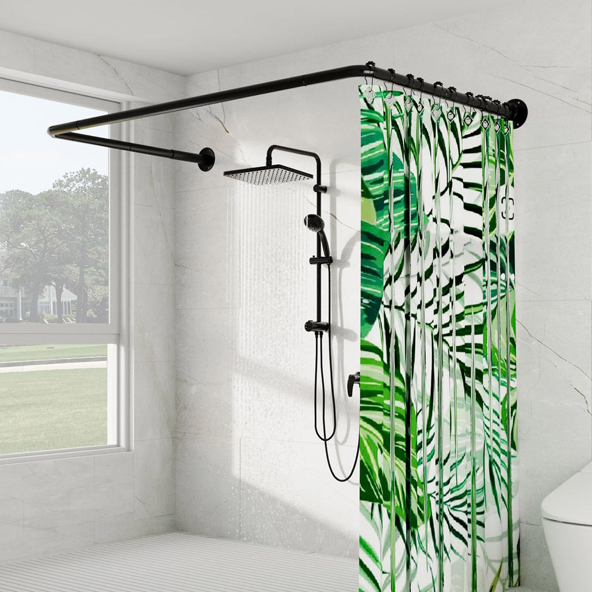Enicvegw U-shaped shower rod installation showing corner fit with ceiling support.