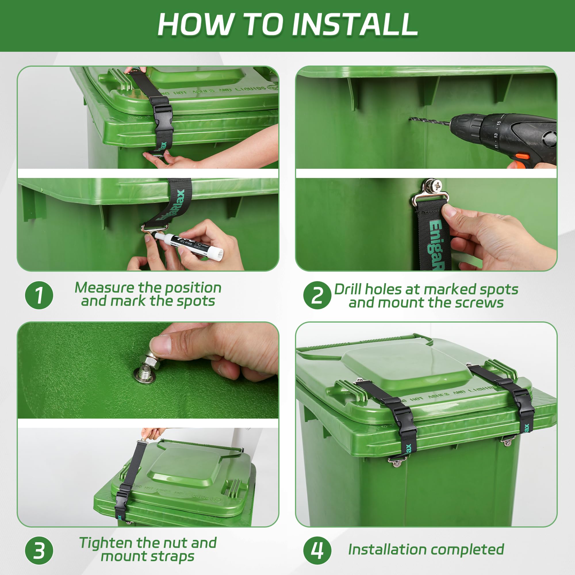 EnigaRlax easy-install trash bin lock with four mounting holes