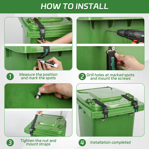 EnigaRlax easy-install trash bin lock with four mounting holes