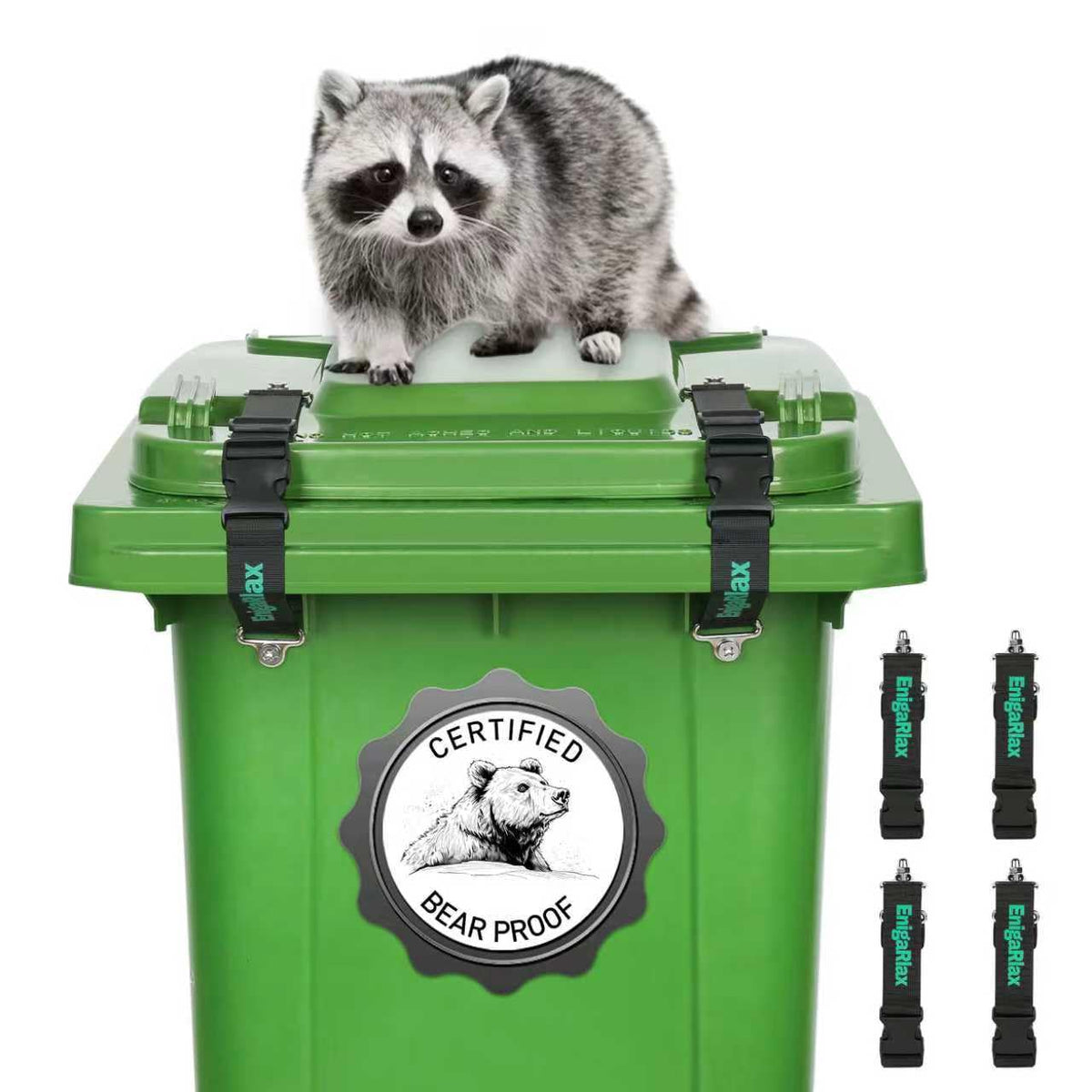 EnigaRlax raccoon-proof lid lock securing an outdoor trash can lid