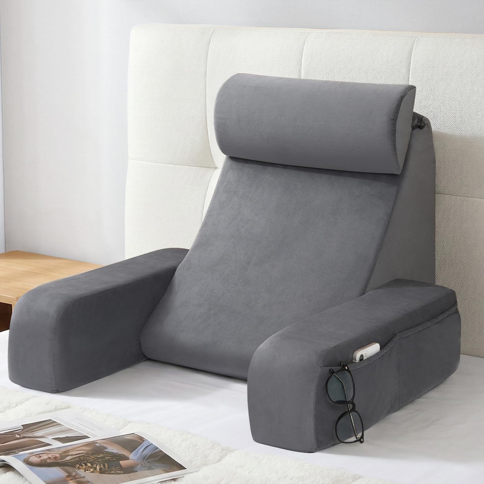 ENITYA back support pillow with attached arms for steady comfort on bed or couch