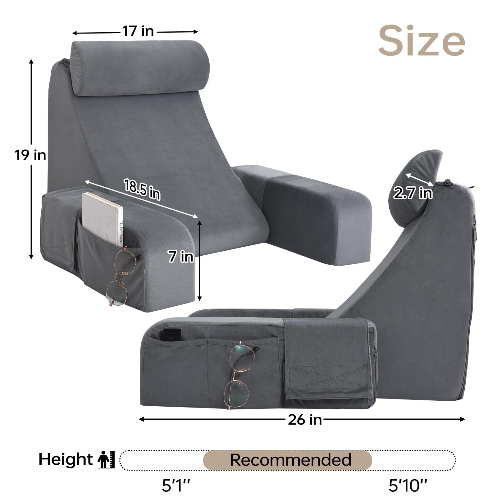 ENITYA back pillow armrests pockets keeps remote at hand